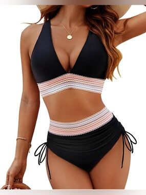 New-XL Black High-Waist 
Full coverage Halter
Decorative  colorful Wide Trim